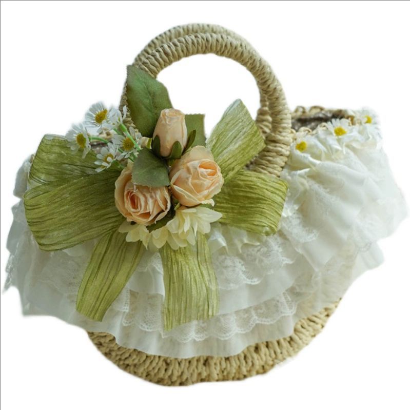 Women Accessories Bag - Country-style Lolita lace straw woven bag,